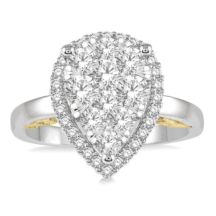 1 Ctw Round Diamond Shine Bright Pear Halo Engagement Ring in 14K White and Yellow Gold