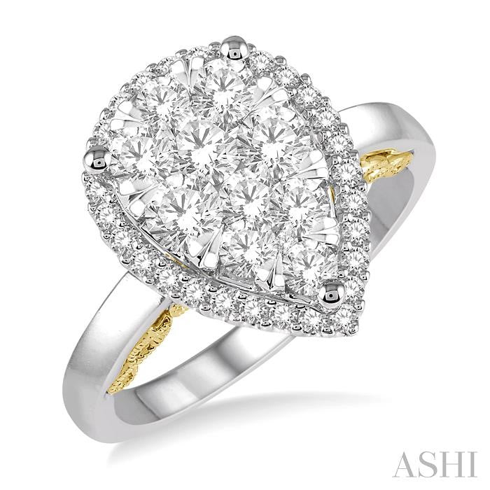 1 Ctw Round Diamond Shine Bright Pear Halo Engagement Ring in 14K White and Yellow Gold