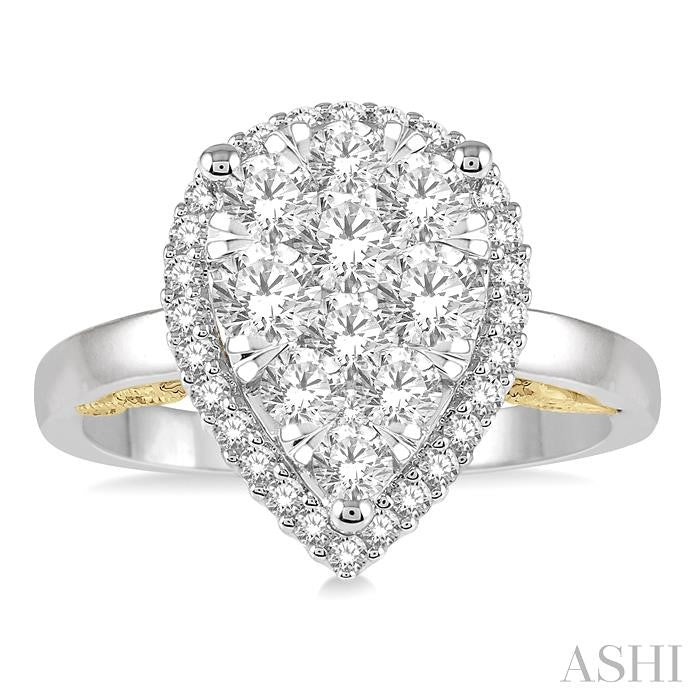 1 Ctw Round Diamond Shine Bright Pear Halo Engagement Ring in 14K White and Yellow Gold