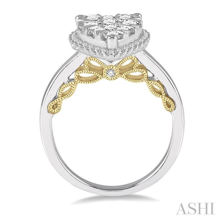 1 Ctw Round Diamond Shine Bright Pear Halo Engagement Ring in 14K White and Yellow Gold