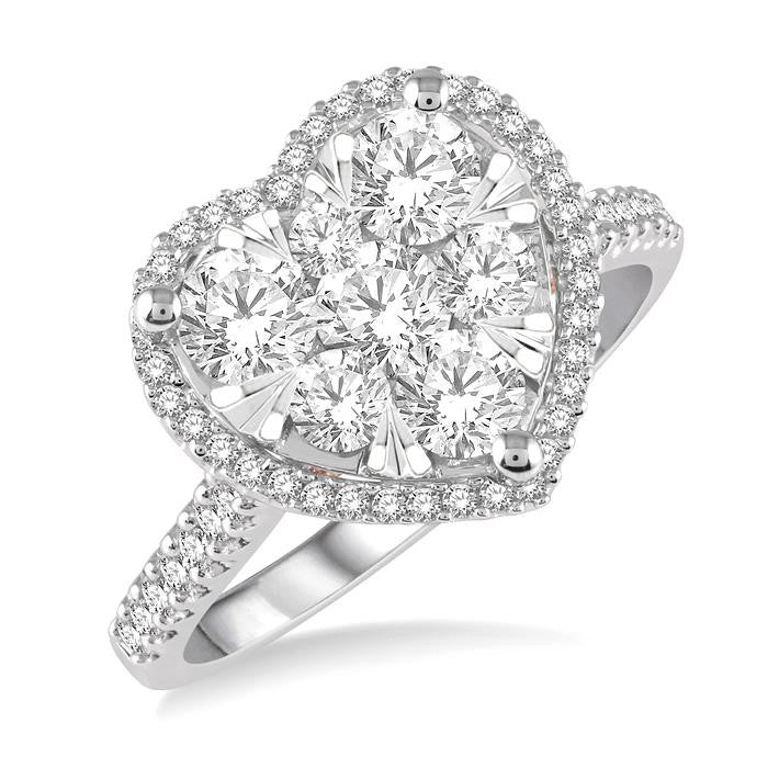 1 1/10 Ctw Round Diamond Shine Bright Heart Halo Engagement Ring in 14K White and Rose Gold