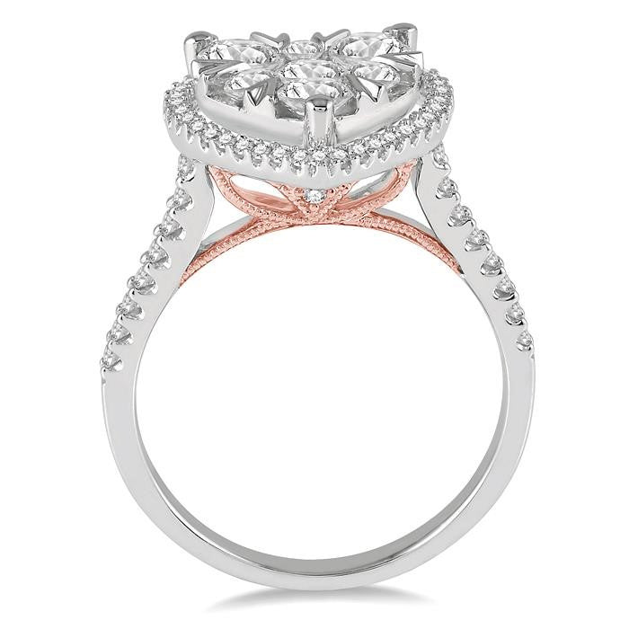 1 1/10 Ctw Round Diamond Shine Bright Heart Halo Engagement Ring in 14K White and Rose Gold
