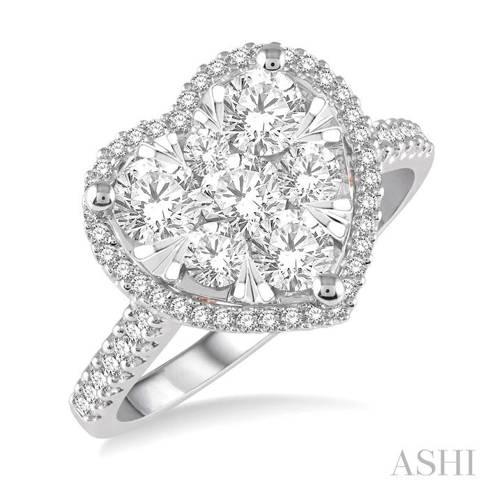 1 1/10 Ctw Round Diamond Shine Bright Heart Halo Engagement Ring in 14K White and Rose Gold