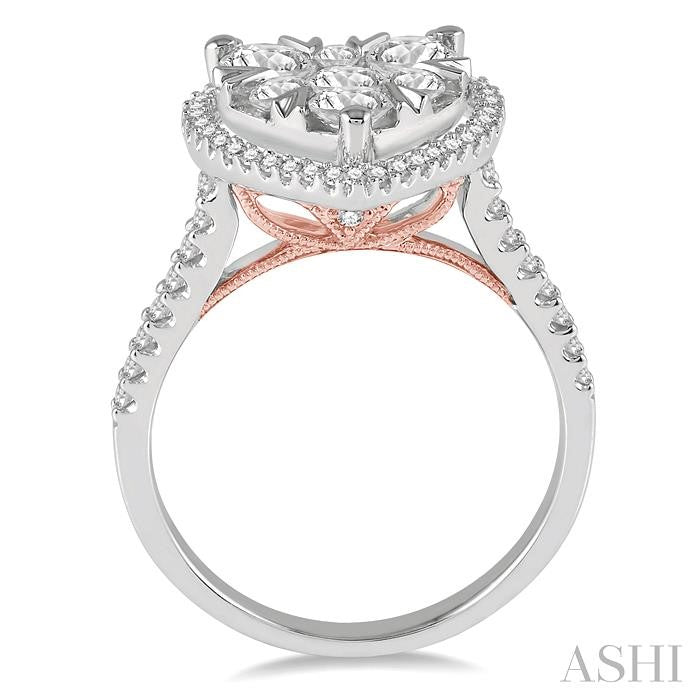 1 1/10 Ctw Round Diamond Shine Bright Heart Halo Engagement Ring in 14K White and Rose Gold