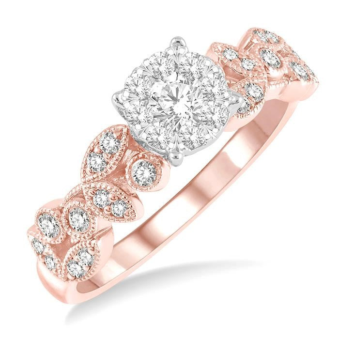 1/2 Ctw Marquise and Circular Mount Carved Shine Bright Round Cut Diamond Engagement Ring in 14K Rose and White Gold