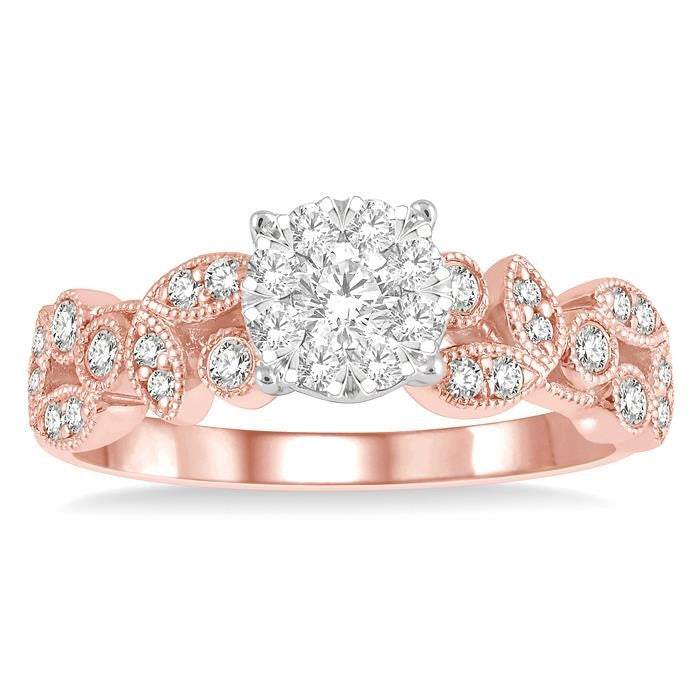1/2 Ctw Marquise and Circular Mount Carved Shine Bright Round Cut Diamond Engagement Ring in 14K Rose and White Gold