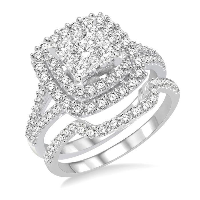 1 3/8 Ctw Shine Bright Round Cut Diamond Wedding Set With 1 1/6 Ctw Cushion Shape Engagement Ring and 1/4 Ctw Scooped Wedding Band in 14K White Gold