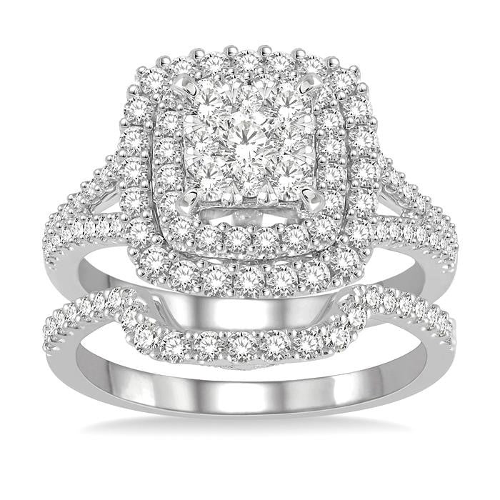 1 3/8 Ctw Shine Bright Round Cut Diamond Wedding Set With 1 1/6 Ctw Cushion Shape Engagement Ring and 1/4 Ctw Scooped Wedding Band in 14K White Gold