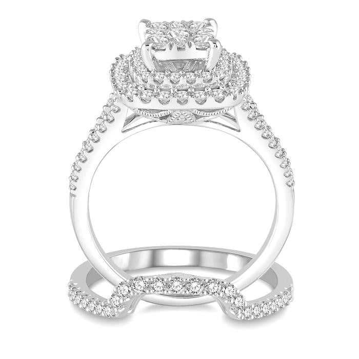 1 3/8 Ctw Shine Bright Round Cut Diamond Wedding Set With 1 1/6 Ctw Cushion Shape Engagement Ring and 1/4 Ctw Scooped Wedding Band in 14K White Gold