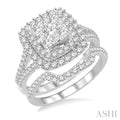 1 3/8 Ctw Lovebright Round Cut Diamond Wedding Set With 1 1/6 Ctw Cushion Shape Engagement Ring and 1/4 Ctw Scooped Wedding Band in 14K White Gold