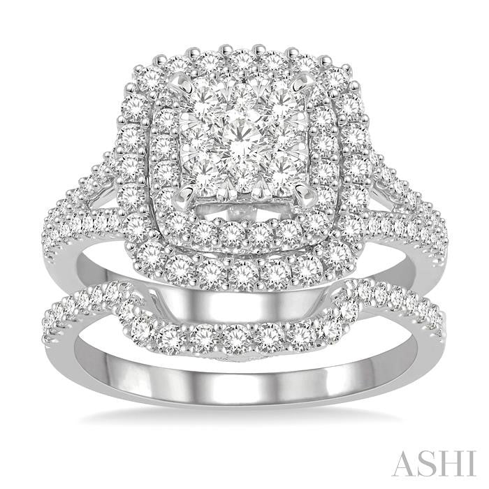 1 3/8 Ctw Lovebright Round Cut Diamond Wedding Set With 1 1/6 Ctw Cushion Shape Engagement Ring and 1/4 Ctw Scooped Wedding Band in 14K White Gold