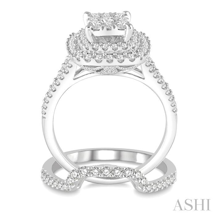 1 3/8 Ctw Lovebright Round Cut Diamond Wedding Set With 1 1/6 Ctw Cushion Shape Engagement Ring and 1/4 Ctw Scooped Wedding Band in 14K White Gold