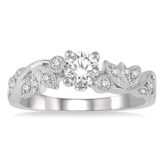 1/2 Ctw Diamond Engagement Ring with 1/3 Ct Round Cut Center Stone in 14K White Gold