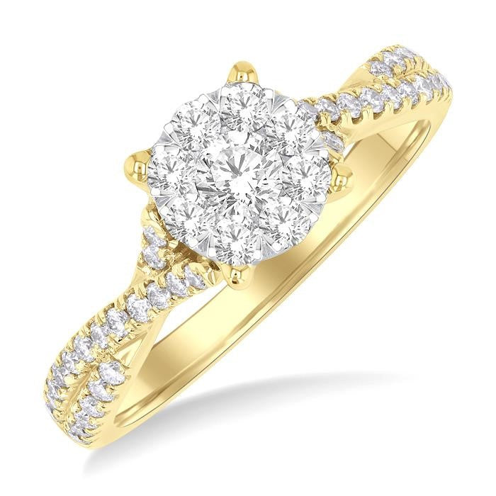 3/4 Ctw Round Shape Shine Bright Split Criss Cross Round Cut Diamond Engagement Ring in 14K Yellow and White Gold