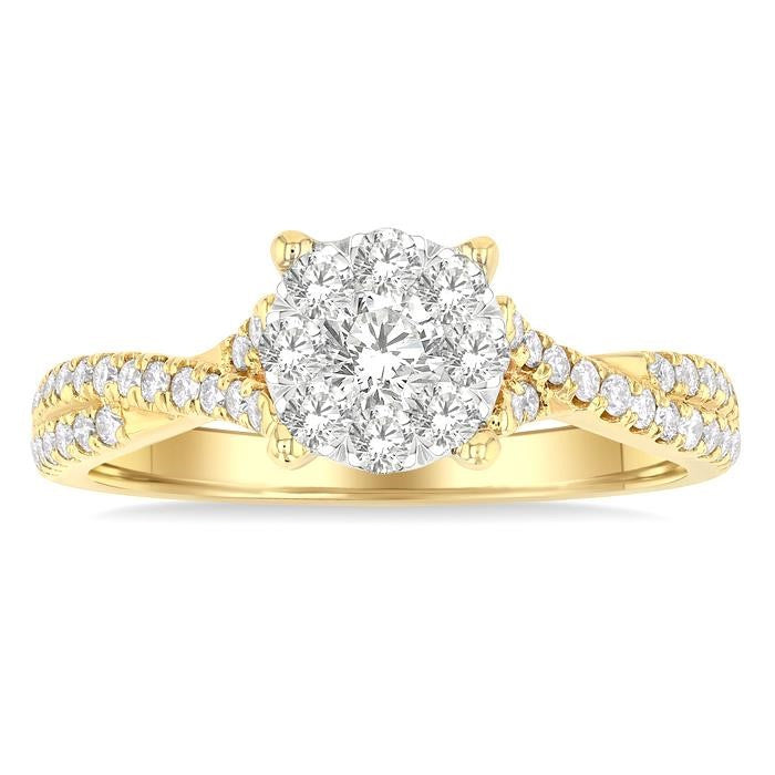3/4 Ctw Round Shape Shine Bright Split Criss Cross Round Cut Diamond Engagement Ring in 14K Yellow and White Gold