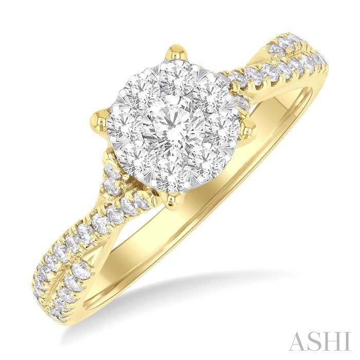 3/4 Ctw Round Shape Shine Bright Split Criss Cross Round Cut Diamond Engagement Ring in 14K Yellow and White Gold