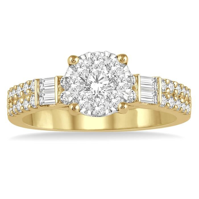 7/8 Ctw Round and Baguette Diamond Shine Bright Engagement Ring in 14K Yellow and White gold