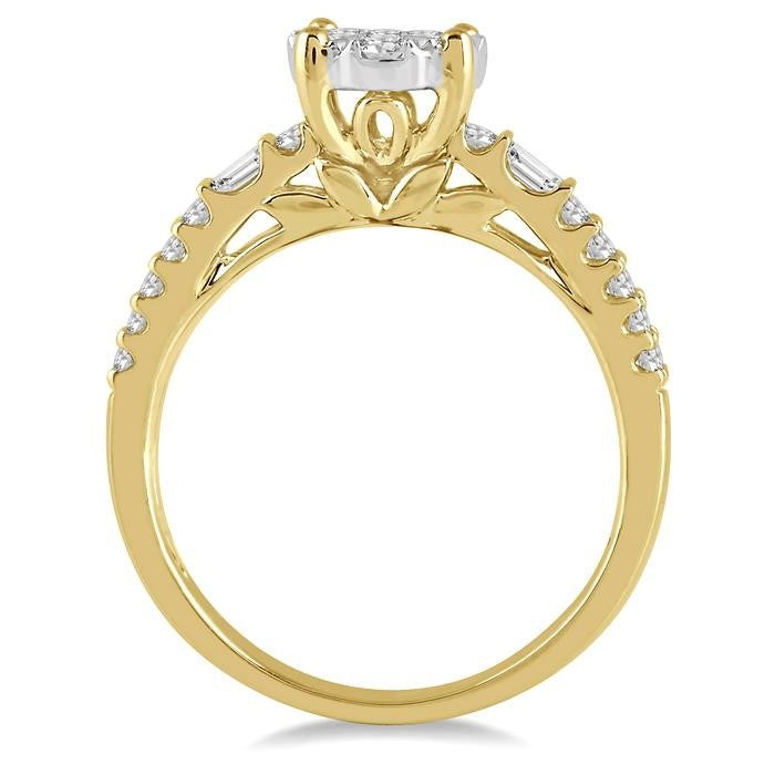 7/8 Ctw Round and Baguette Diamond Shine Bright Engagement Ring in 14K Yellow and White gold