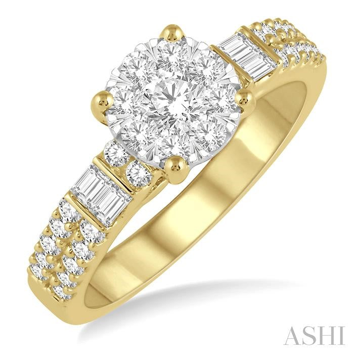 7/8 Ctw Round and Baguette Diamond Shine Bright Engagement Ring in 14K Yellow and White gold