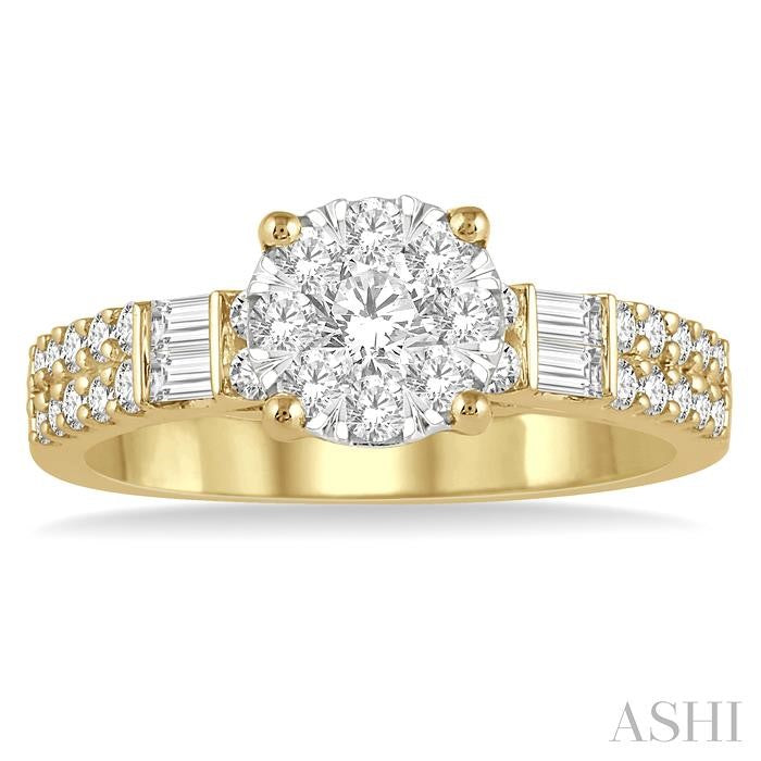 7/8 Ctw Round and Baguette Diamond Shine Bright Engagement Ring in 14K Yellow and White gold