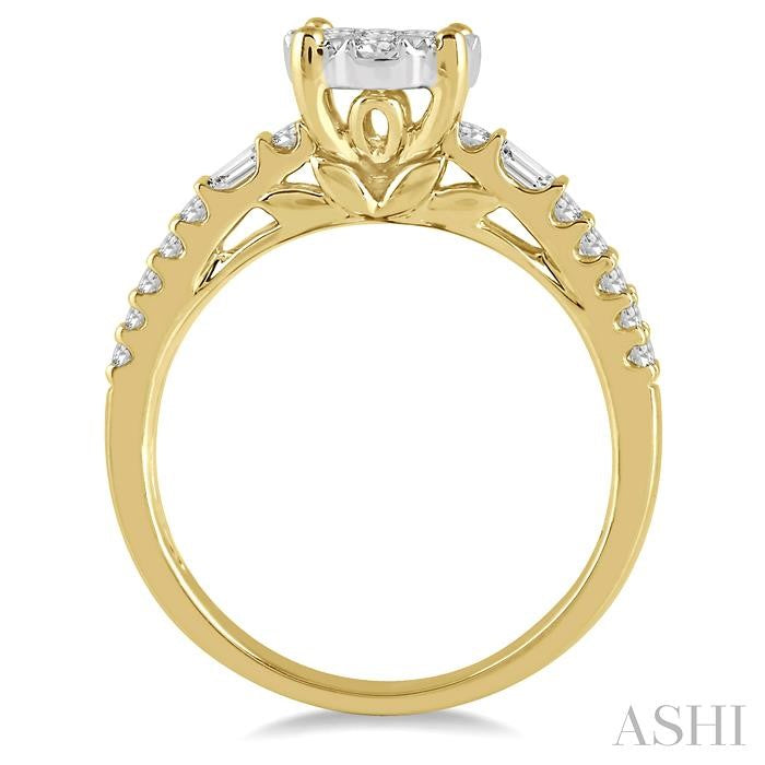 7/8 Ctw Round and Baguette Diamond Shine Bright Engagement Ring in 14K Yellow and White gold