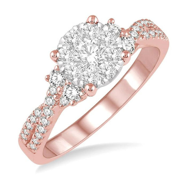 3/4 Ctw Crossed Split Shank Shine Bright Diamond Cluster Ring in 14K Rose and White Gold