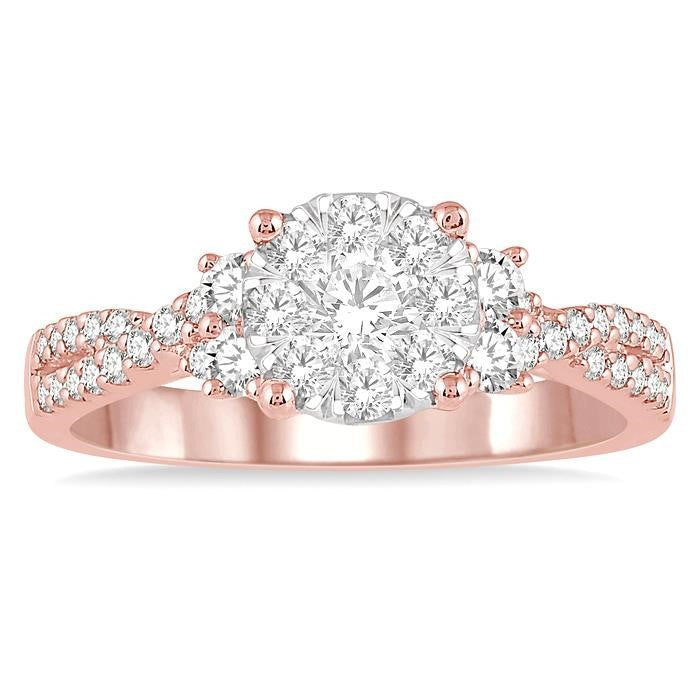 3/4 Ctw Crossed Split Shank Shine Bright Diamond Cluster Ring in 14K Rose and White Gold