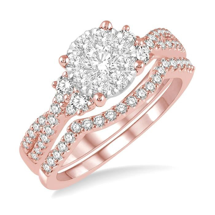 7/8 Ctw Shine Bright Round Diamond Wedding Set With 3/4 Ctw Criss Cross Shank Engagement Ring and 1/6 Ctw Arched Wedding Band in 14K Rose & White Gold