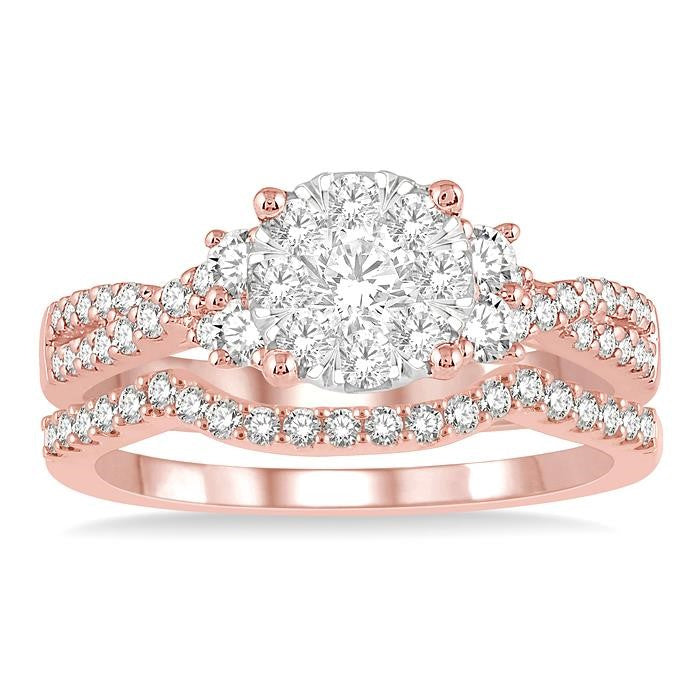 7/8 Ctw Shine Bright Round Diamond Wedding Set With 3/4 Ctw Criss Cross Shank Engagement Ring and 1/6 Ctw Arched Wedding Band in 14K Rose & White Gold