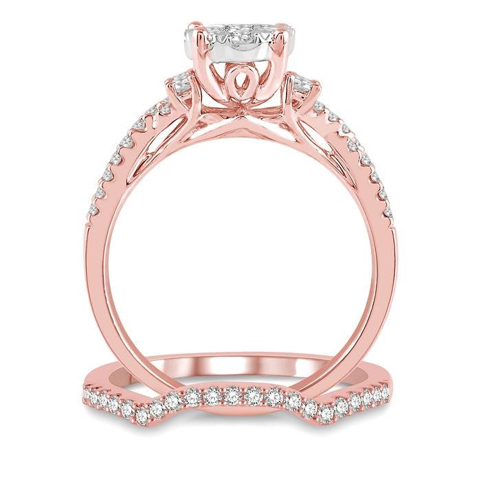 7/8 Ctw Shine Bright Round Diamond Wedding Set With 3/4 Ctw Criss Cross Shank Engagement Ring and 1/6 Ctw Arched Wedding Band in 14K Rose & White Gold