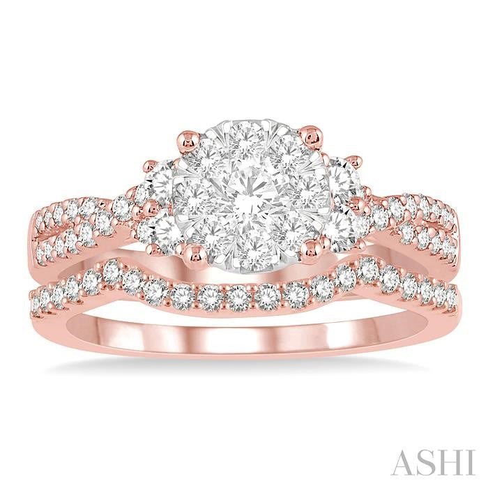 7/8 Ctw Lovebright Round Diamond Wedding Set With 3/4 Ctw Criss Cross Shank Engagement Ring and 1/6 Ctw Arched Wedding Band in 14K Rose & White Gold