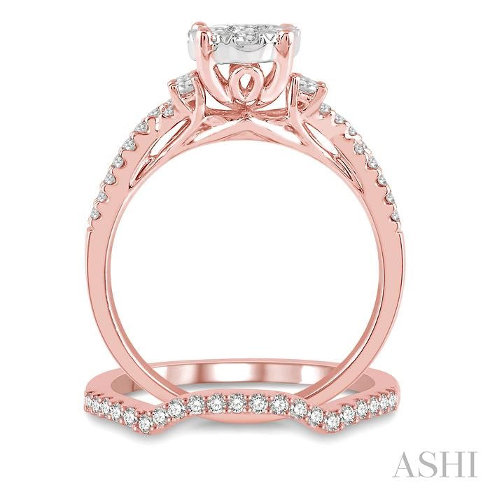 7/8 Ctw Lovebright Round Diamond Wedding Set With 3/4 Ctw Criss Cross Shank Engagement Ring and 1/6 Ctw Arched Wedding Band in 14K Rose & White Gold