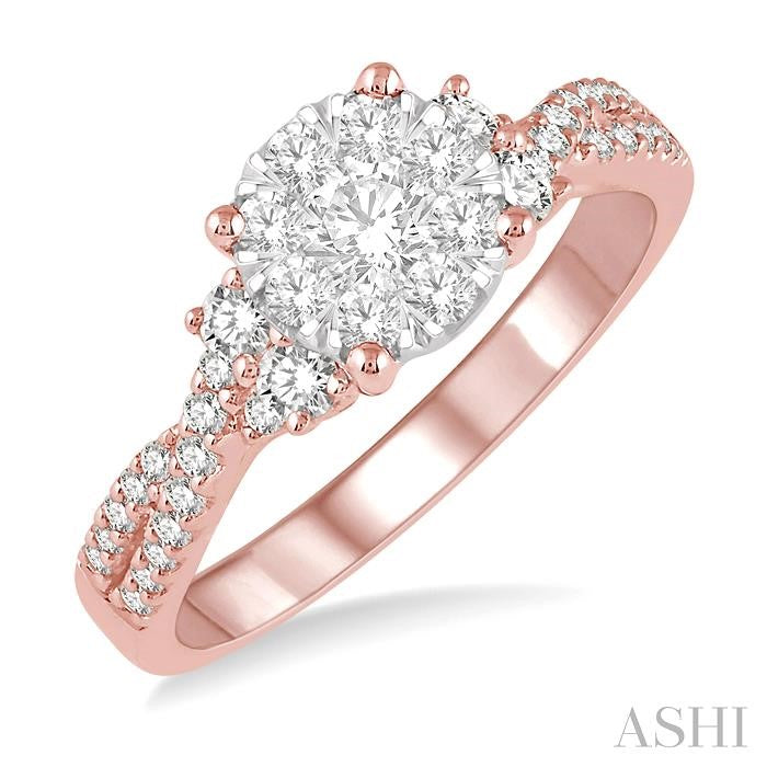 3/4 Ctw Crossed Split Shank Shine Bright Diamond Cluster Ring in 14K Rose and White Gold