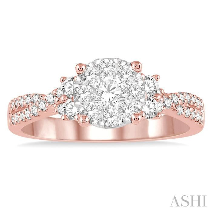 3/4 Ctw Crossed Split Shank Shine Bright Diamond Cluster Ring in 14K Rose and White Gold