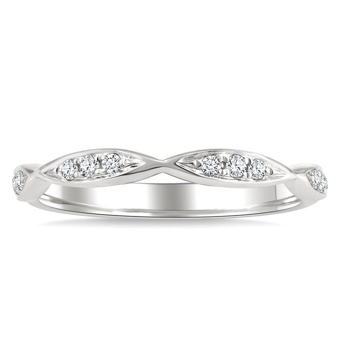 1/10 Ctw Marquise Carved Link Round Cut Diamond Stackable Wedding Band in 14K White Gold