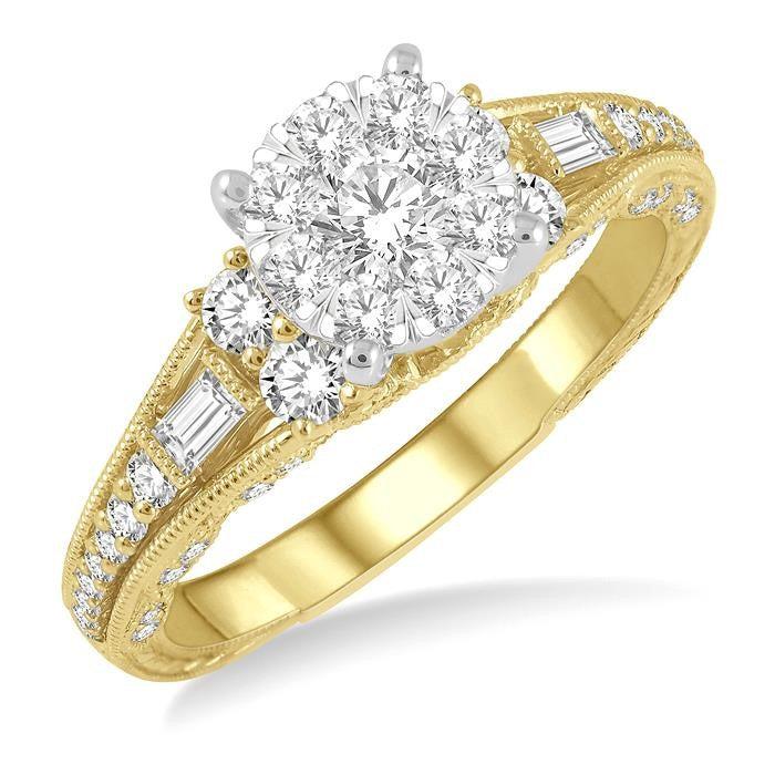 7/8 Ctw Circular Mount Shine Bright Round Cut and Baguette Diamond Engagement Ring in 14K Yellow and White Gold