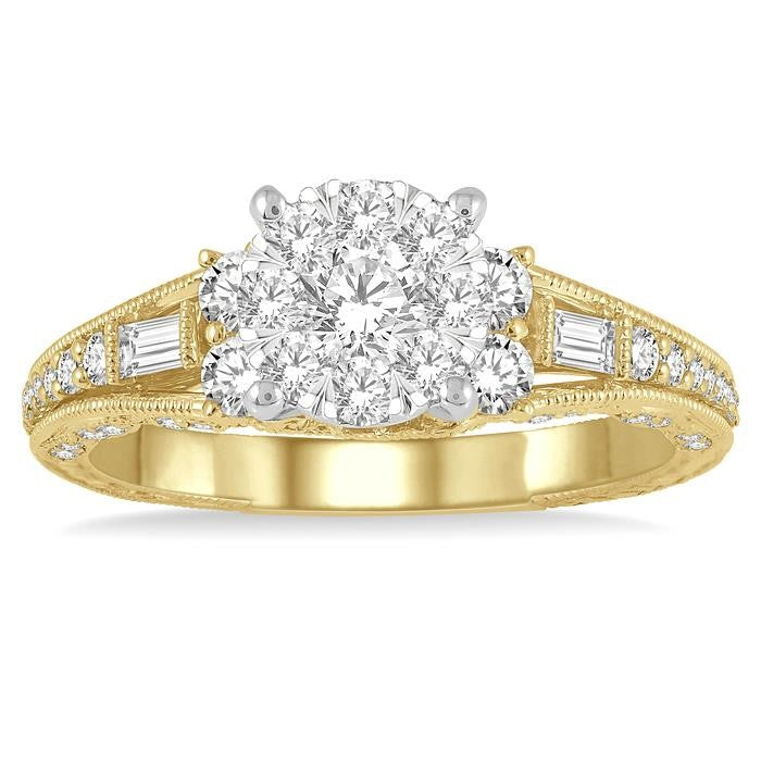 7/8 Ctw Circular Mount Shine Bright Round Cut and Baguette Diamond Engagement Ring in 14K Yellow and White Gold