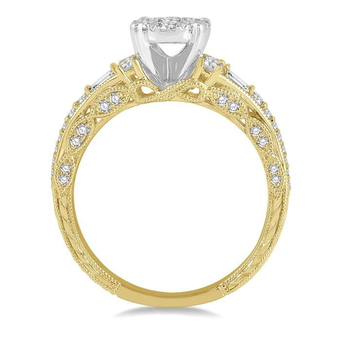 7/8 Ctw Circular Mount Shine Bright Round Cut and Baguette Diamond Engagement Ring in 14K Yellow and White Gold