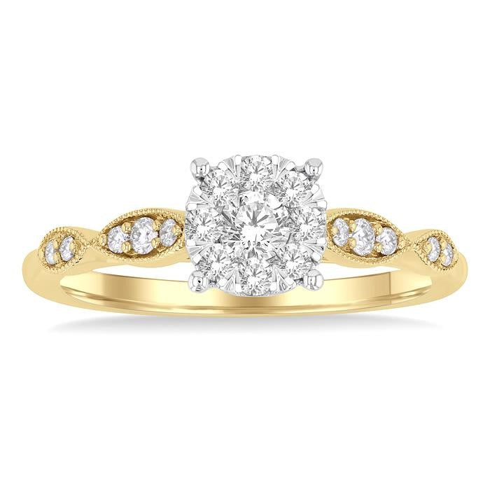 3/8 Ctw Diamond Round Shape Shine Bright Marquise Shape Carved Shank Engagement Ring in 14K Yellow and White Gold