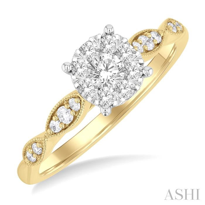 3/8 Ctw Diamond Round Shape Shine Bright Marquise Shape Carved Shank Engagement Ring in 14K Yellow and White Gold
