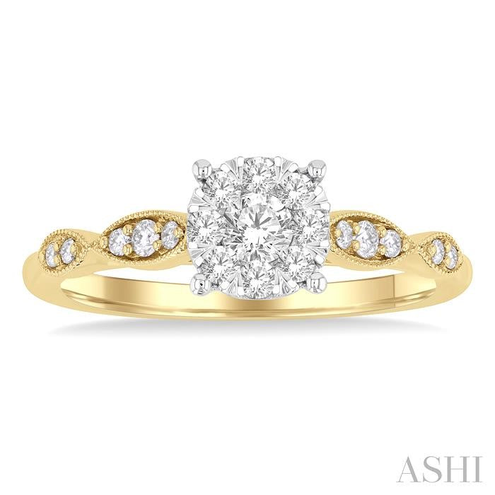 3/8 Ctw Diamond Round Shape Shine Bright Marquise Shape Carved Shank Engagement Ring in 14K Yellow and White Gold