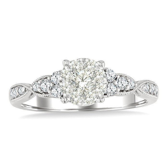 1/2 Ctw Round Shape Shine Bright Carved Shank Round Cut Diamond Engagement Ring in 14K White Gold