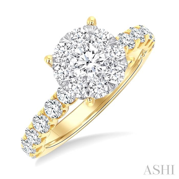 1 1/2 Ctw Shine Bright Circular Shaped Round Cut Diamond Engagement Ring in 14K Yellow and White Gold