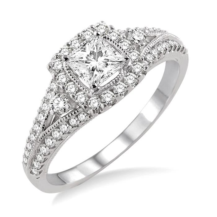 3/4 Ctw Diamond Engagement Ring with 1/4 Ct Princess Cut Center Stone in 14K White Gold