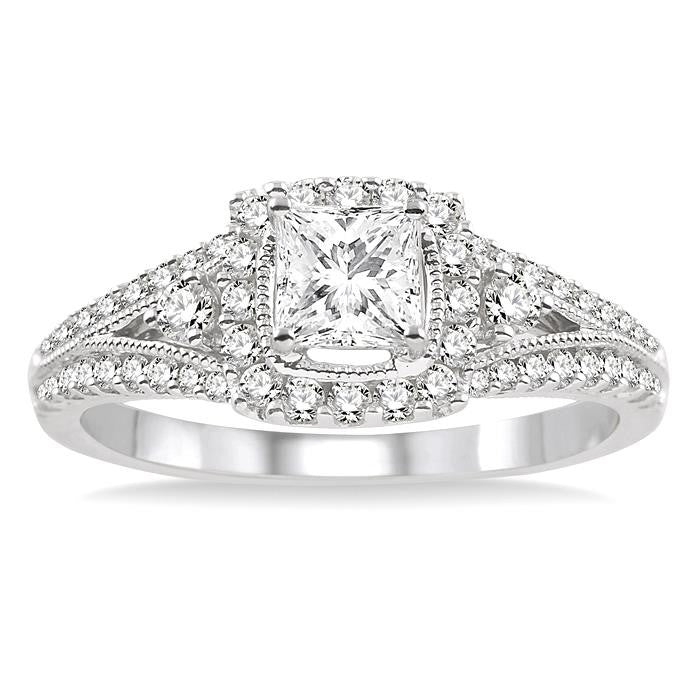3/4 Ctw Diamond Engagement Ring with 1/4 Ct Princess Cut Center Stone in 14K White Gold