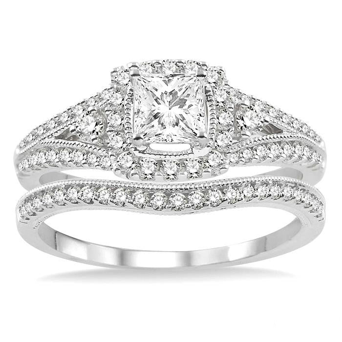 Princess Shape Halo Diamond Wedding Set