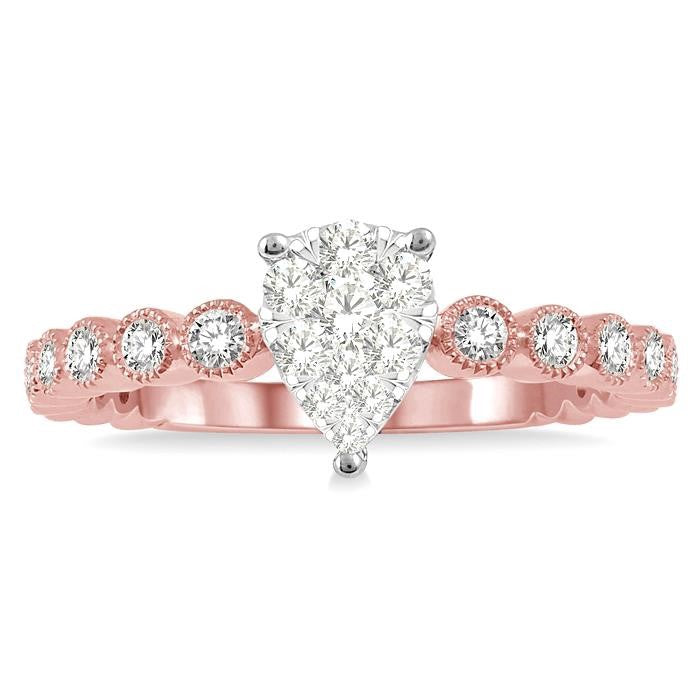1/3 Ctw Pear Shape Lattice Shine Bright Diamond Cluster Ring in 14K Rose and White Gold