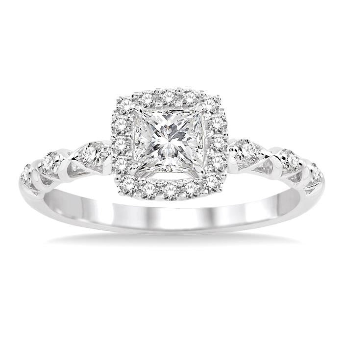 1/2 Ctw Diamond Engagement Ring with 1/4 Ct Princess Cut Center Stone in 14K White Gold