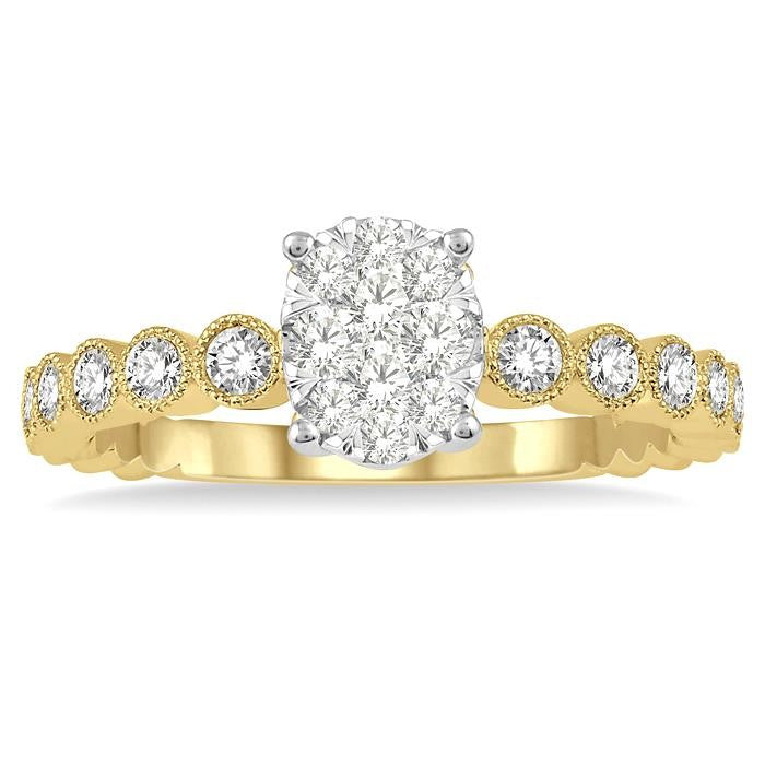 1/3 Ctw Oval Shape Lattice Shank Shine Bright Diamond Cluster Ring in 14K Yellow and White Gold