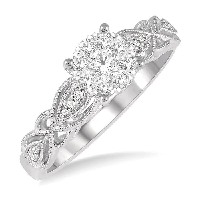 3/8 Ctw Circular Mount Marquise Lattice Shine Bright Round Cut Diamond Ring in 14K White Gold